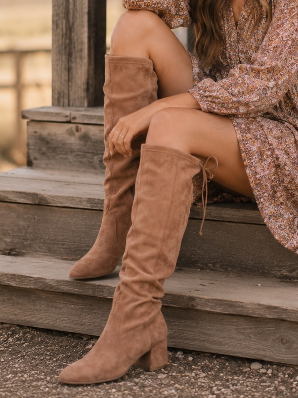 Forever 21 Faux Suede Knee High Boots Camel Tan Block Heel Size 7 NWT